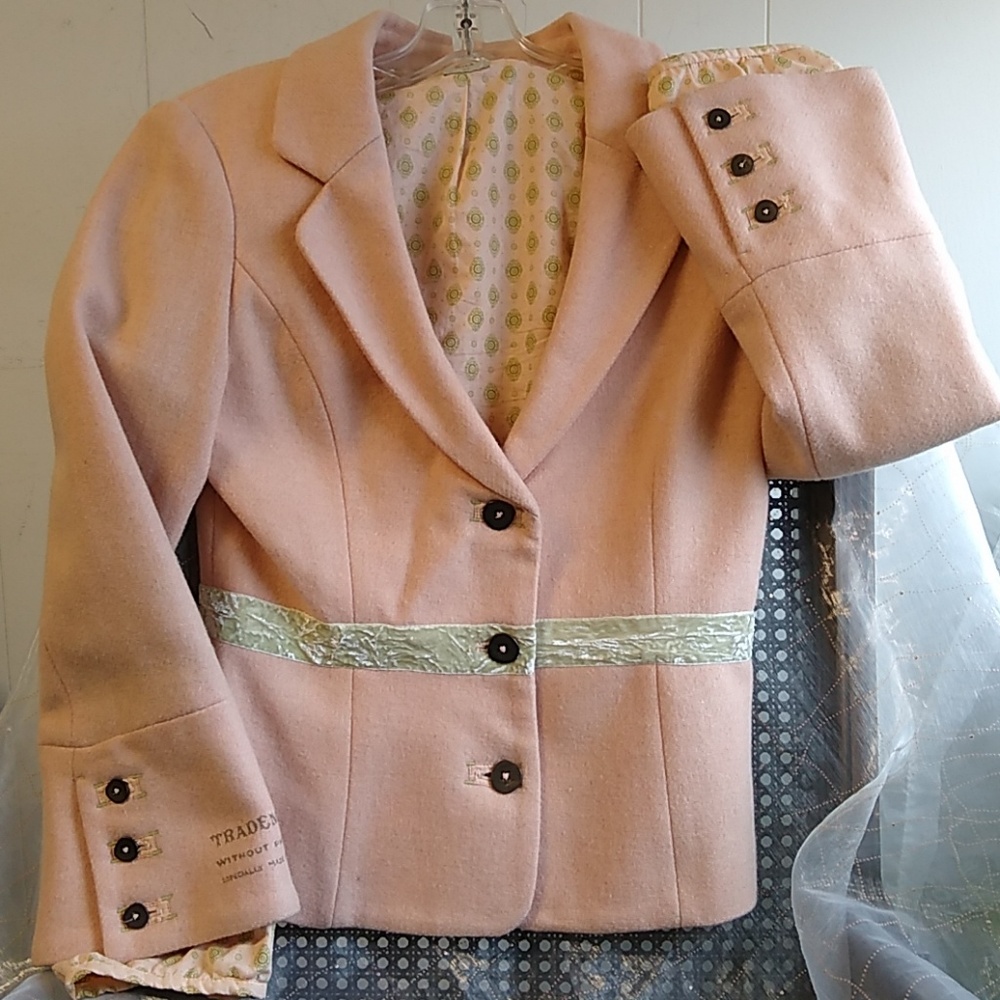 Noa Noa Peachy Pink Wool Jacket Green Ribbon Trim Size Extra Small